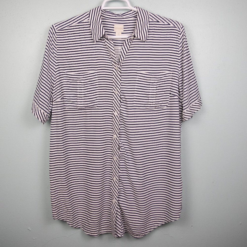 Chico's white and navy stripe button up shirt-3